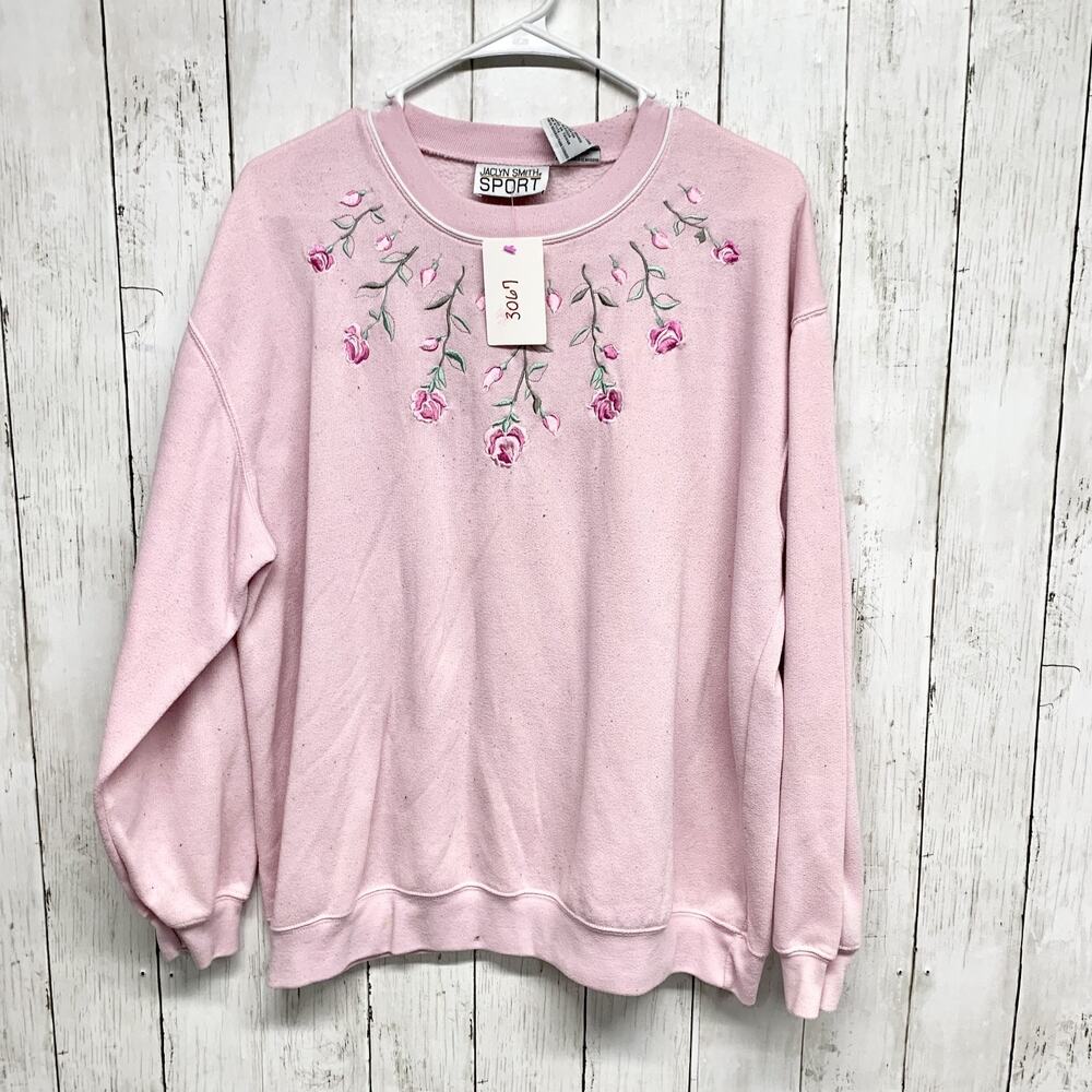 Vintage Jaclyn Smith Sport Sweater Women XL Pink Floral Embroidered Crewneck Y2K